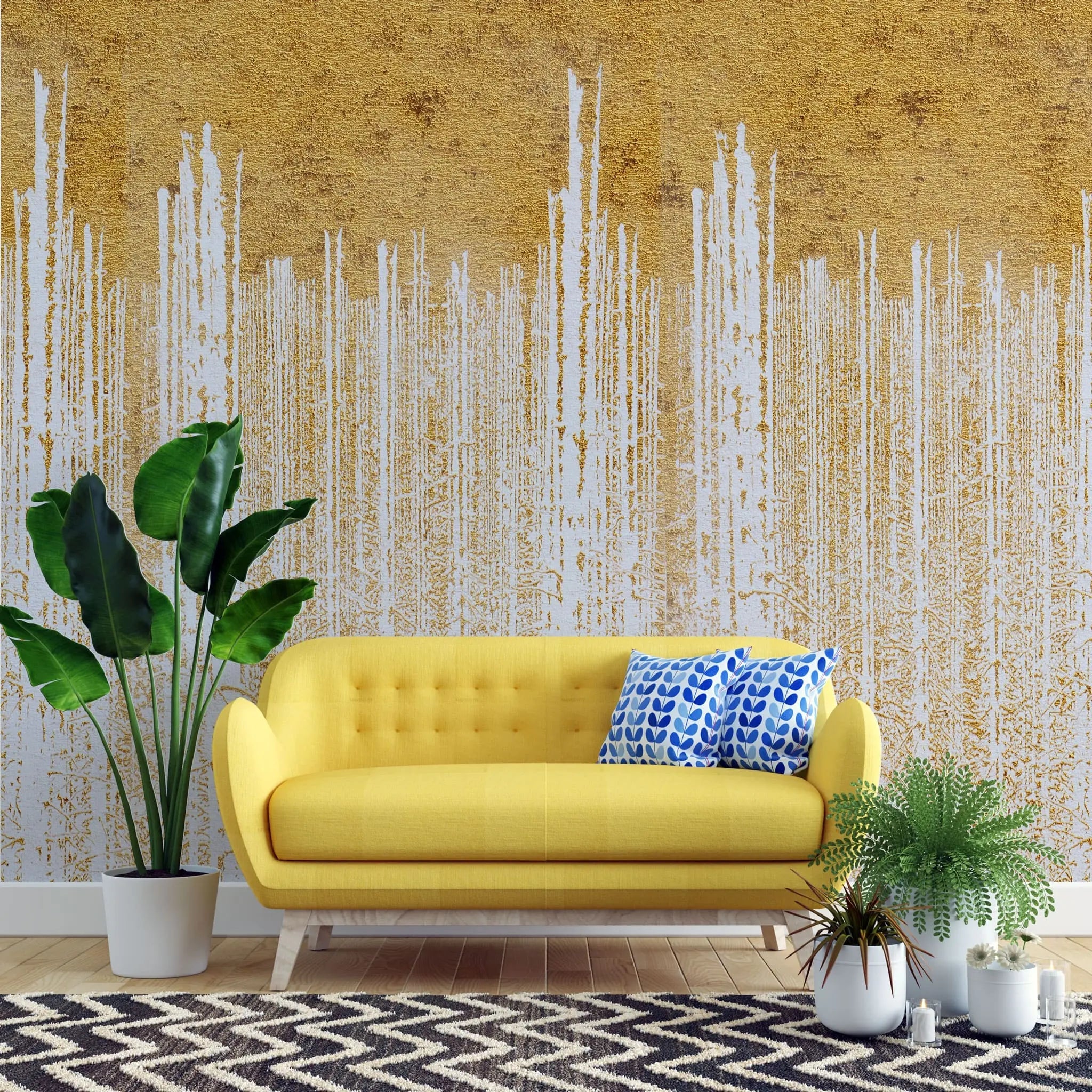 Tapet personalizat fine art cu pereti albi in foita aurie golden foil wall
