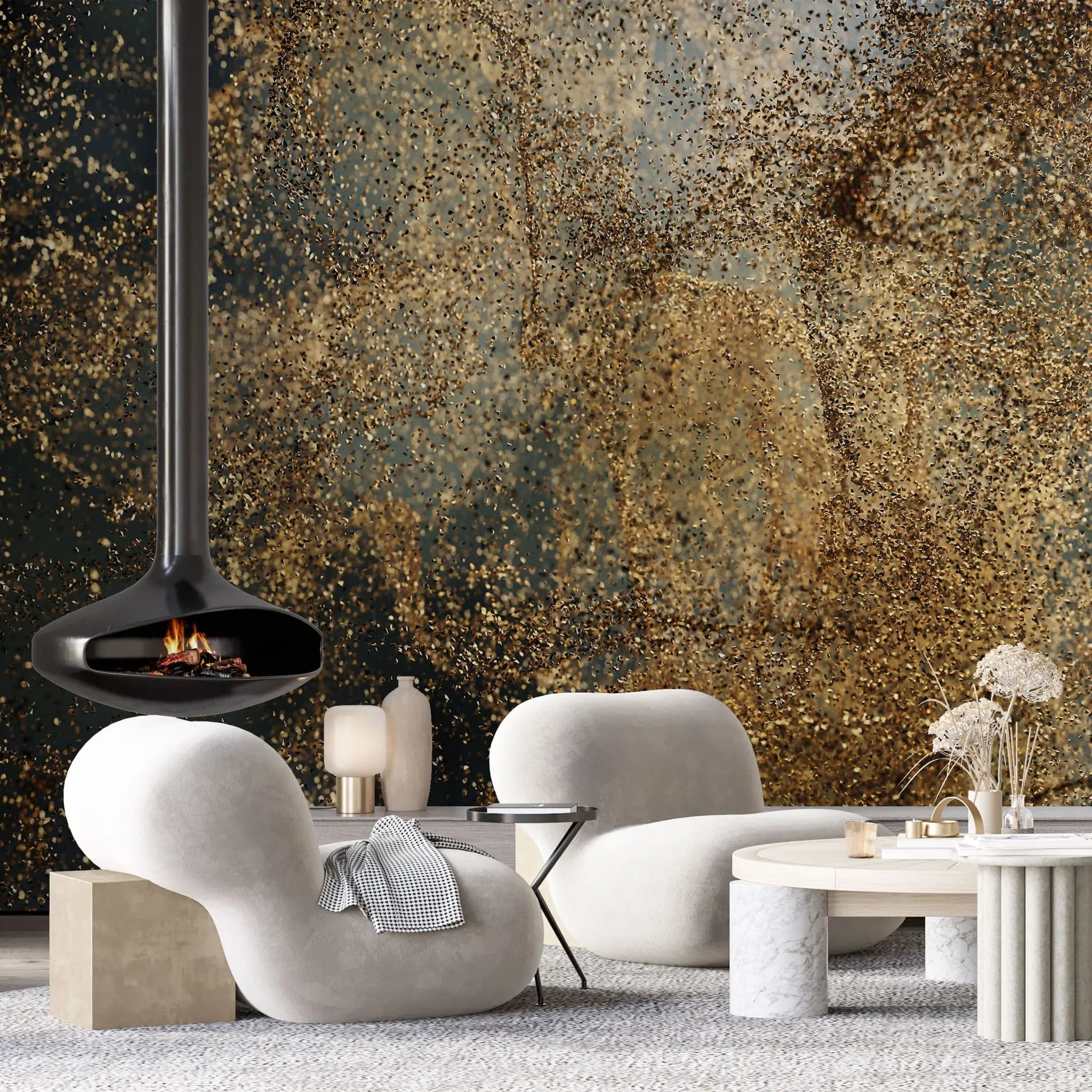 Tapet personalizat fine art cu sclipici auriu nisipos in prim plan sandy glitter