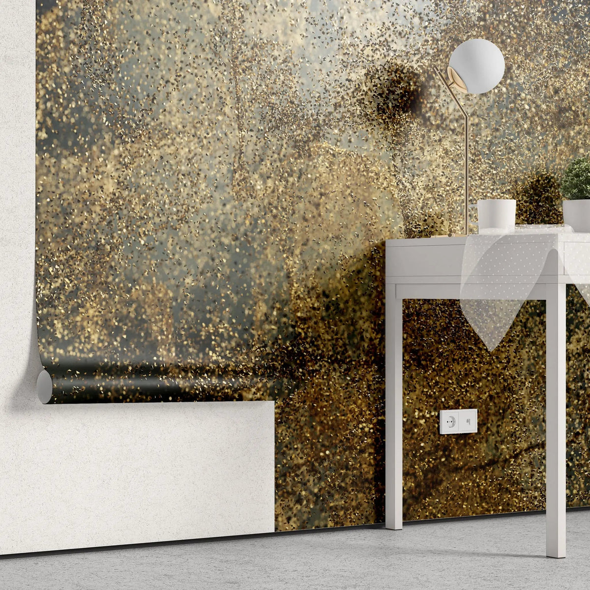 Tapet personalizat fine art cu sclipici auriu nisipos in prim plan sandy glitter