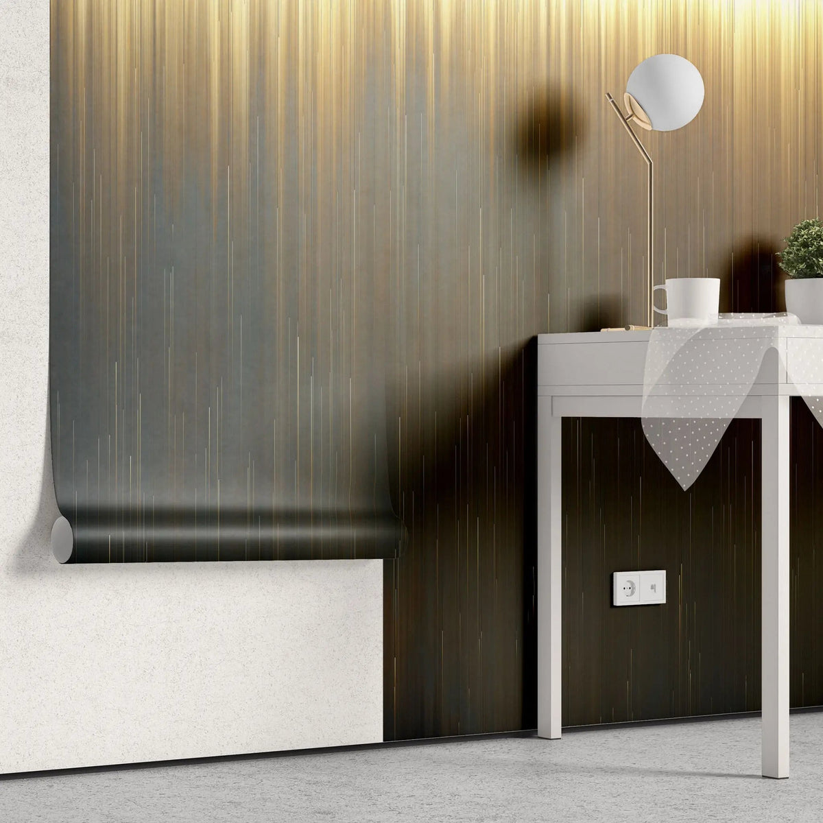 Tapet personalizat fine art in combinatii de dungi aurii pe fundal negru smooth blend upside