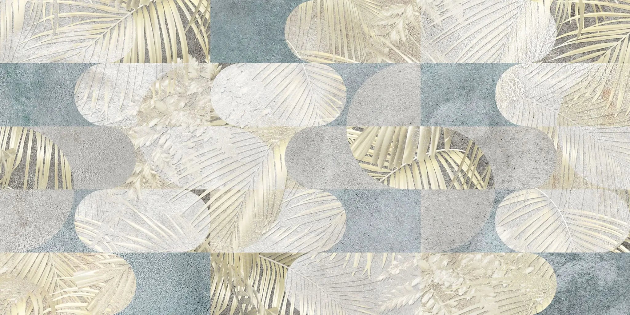 Tapet personalizat fine art cu frunze tropicale in nuante de alb auriu si albastru deschis tropical leaves blend