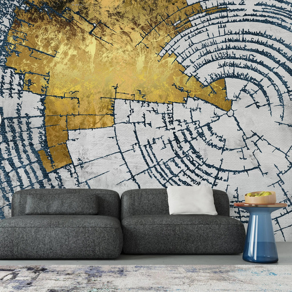 Tapet personalizat fine art cu inele de copac tip buturuga in nuante de alb si auriu white 'n gold tree rings