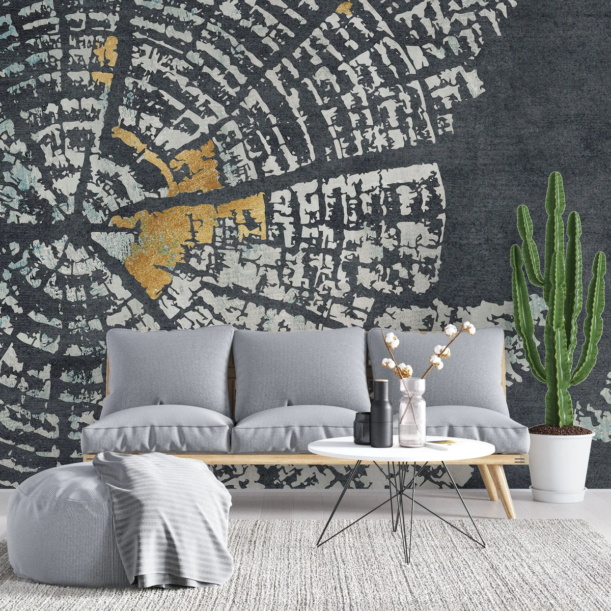 Tapet personalizat fine art cu inele de copac tip buturuga in nuante de gri si auriu grey 'n gold tree rings