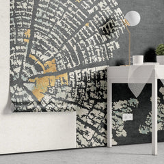 Tapet personalizat fine art cu inele de copac tip buturuga in nuante de gri si auriu grey 'n gold tree rings