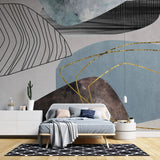 Tapet personalizat fine art cu frunze artistice in nuante de albastru si insertii aurii artsy leaves