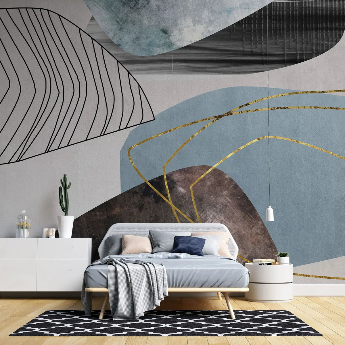 Tapet personalizat fine art cu frunze artistice in nuante de albastru si insertii aurii artsy leaves