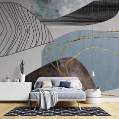 Tapet personalizat fine art cu frunze artistice in nuante de albastru si insertii aurii artsy leaves