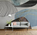 Tapet personalizat fine art cu frunze artistice in nuante de albastru si insertii aurii artsy leaves