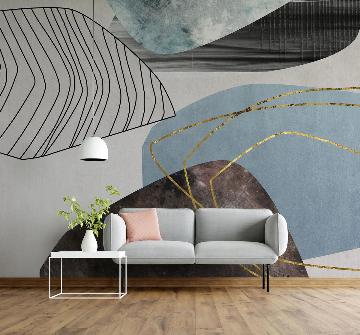 Tapet personalizat fine art cu frunze artistice in nuante de albastru si insertii aurii artsy leaves