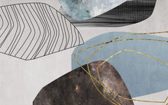 Tapet personalizat fine art cu frunze artistice in nuante de albastru si insertii aurii artsy leaves