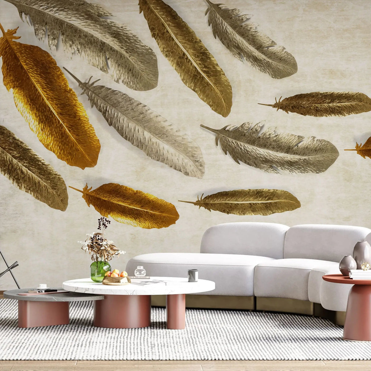 Tapet personalizat fine art cu pene de arama si alama pe fundal deschis brass feathers