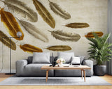 Tapet personalizat fine art cu pene de arama si alama pe fundal deschis brass feathers