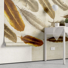 Tapet personalizat fine art cu pene de arama si alama pe fundal deschis brass feathers