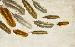 Tapet personalizat fine art cu pene de arama si alama pe fundal deschis brass feathers