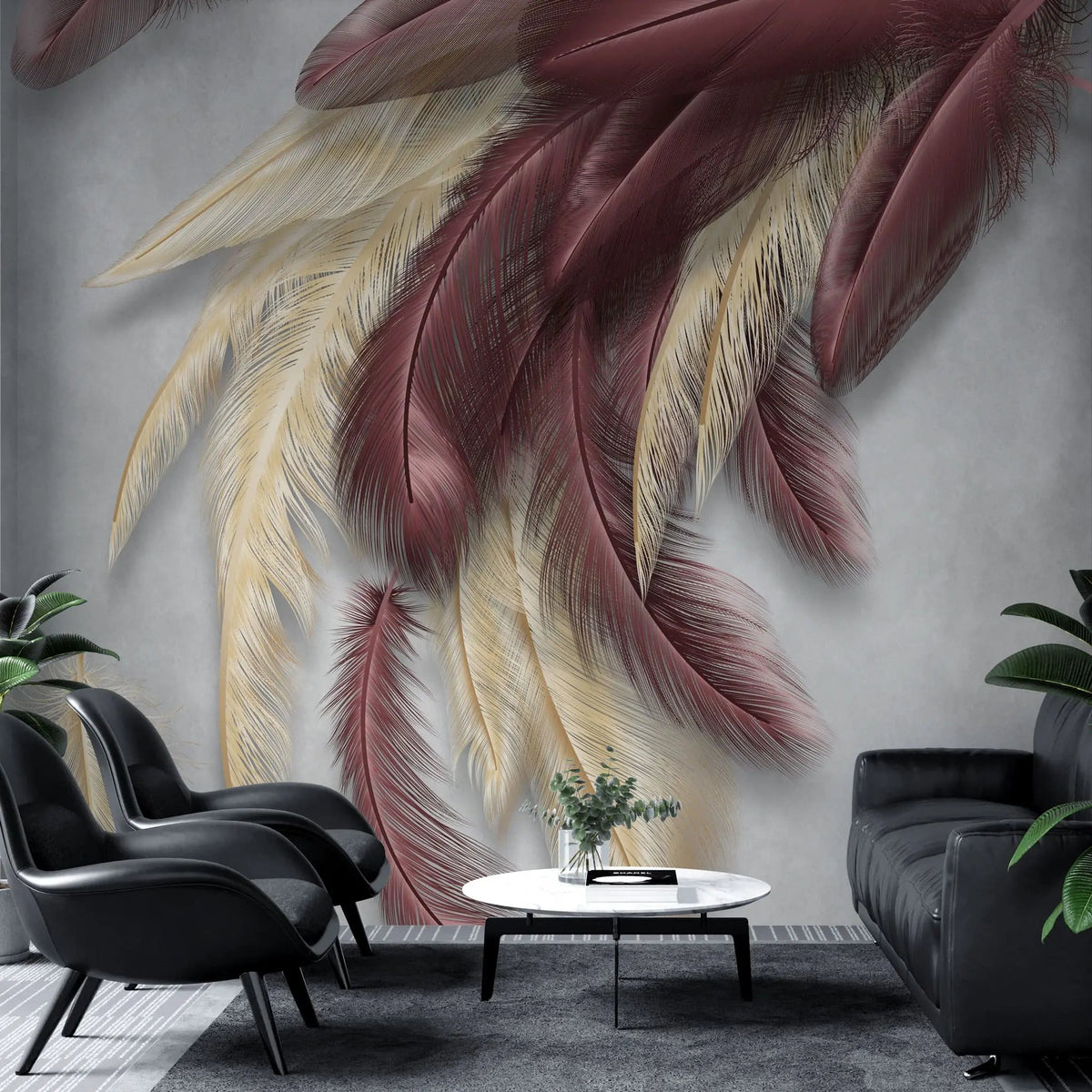 Tapet personalizat fine art cu pene in nuante de burgundy si vanilie burgundy vanilla