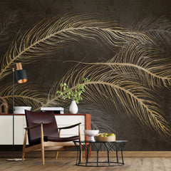 Tapet personalizat fine art cu pene aurii pe un fundal pamantiu muddy feathers