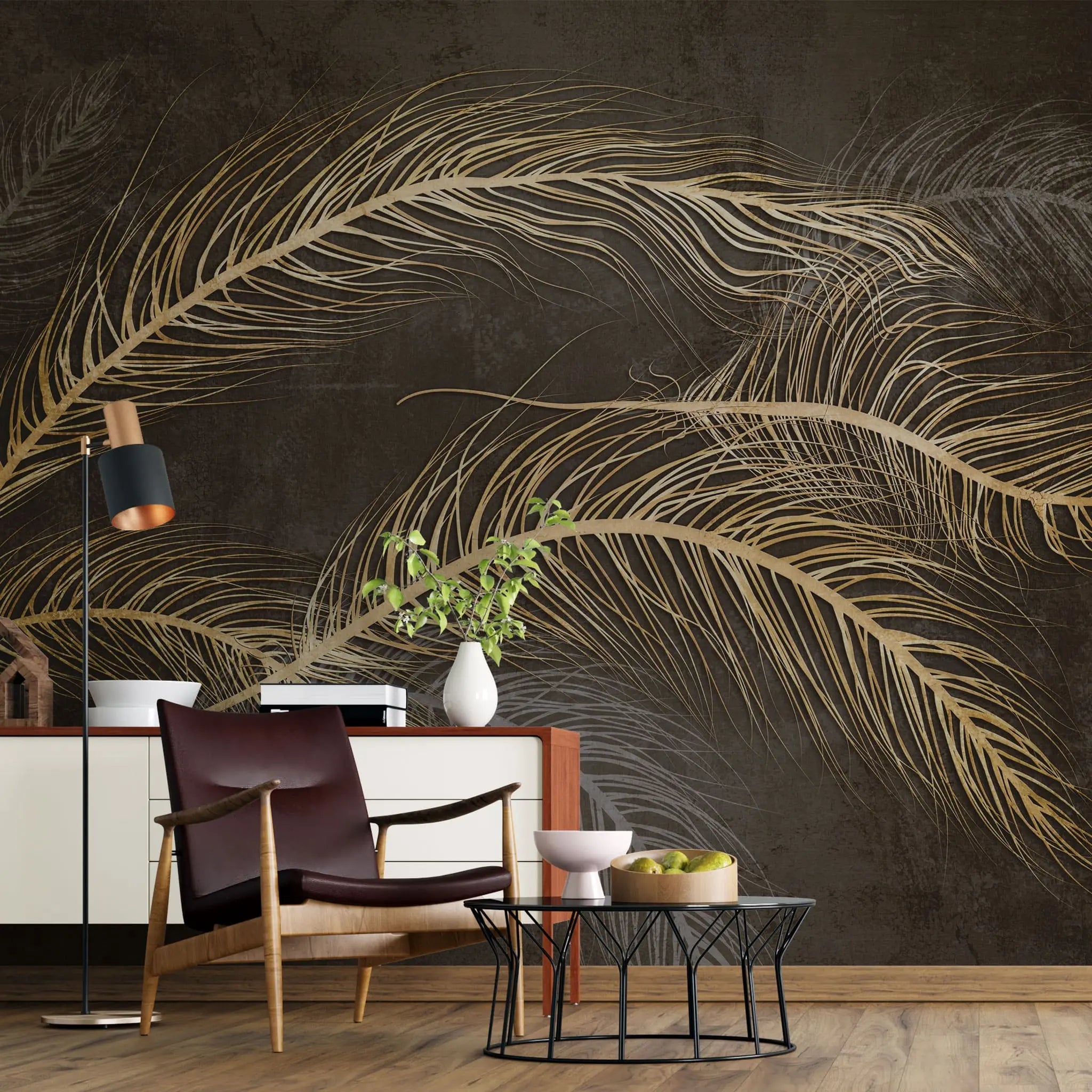 Tapet personalizat fine art cu pene aurii pe un fundal pamantiu muddy feathers
