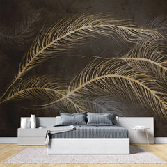 Tapet personalizat fine art cu pene aurii pe un fundal pamantiu muddy feathers