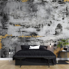 Tapet personalizat fine art cu textura de perete pictat in alb negru si auriu golden black smudge