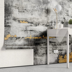 Tapet personalizat fine art cu textura de perete pictat in alb negru si auriu golden black smudge