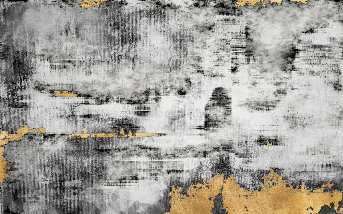 Tapet personalizat fine art cu textura de perete pictat in alb negru si auriu golden black smudge