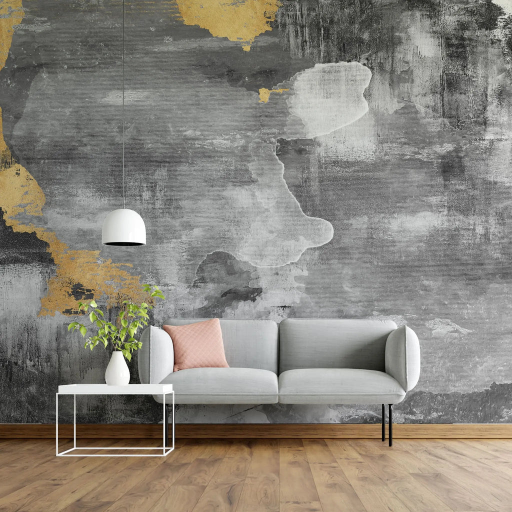 Tapet personalizat fine art cu textura de perete pictat in stil watercolor in nuante gri si insertii aurii watercolor gray splash