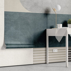 Tapet personalizat fine art cu forme abstracte aflate in aliniament in nuante de albastru si cu detalii aurii aesthetic shapes