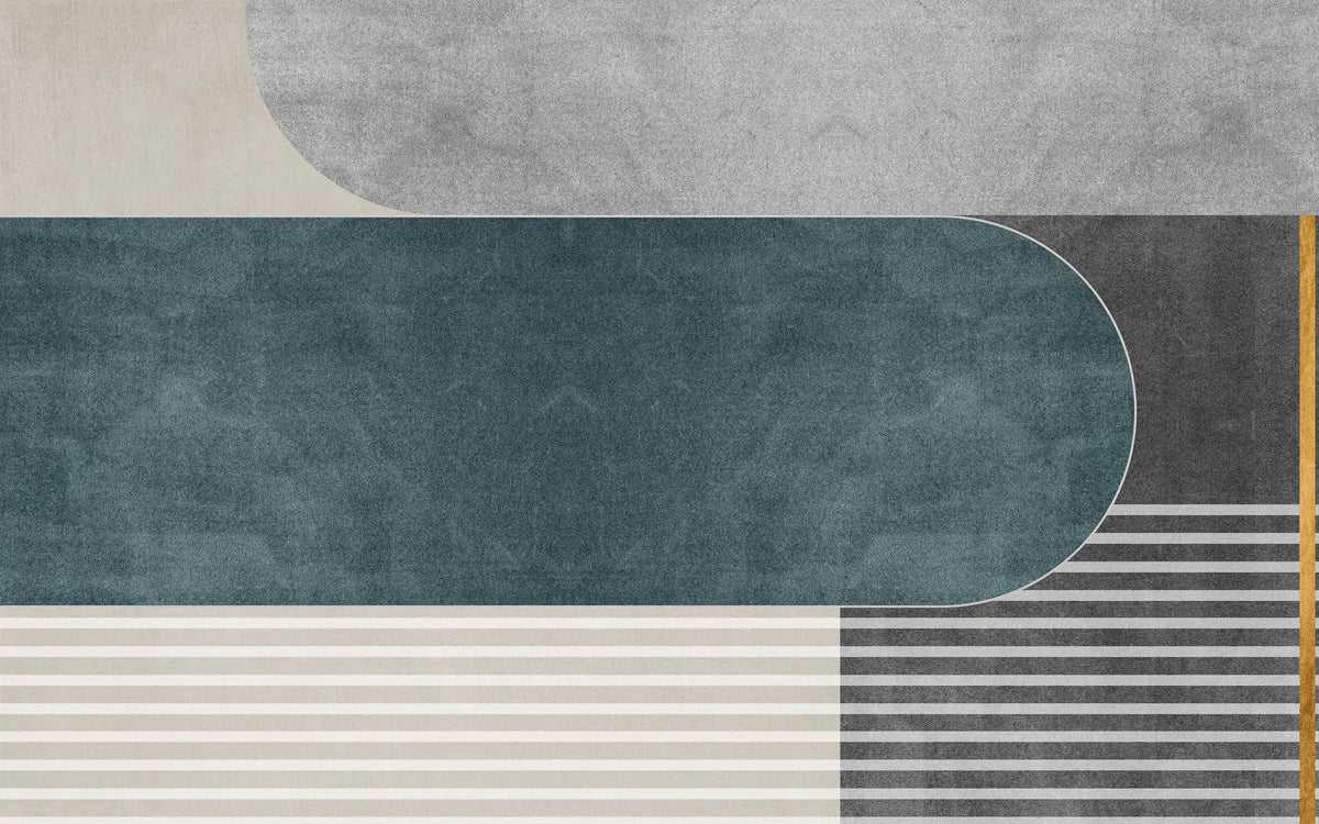 Tapet personalizat fine art cu forme abstracte aflate in aliniament in nuante de albastru si cu detalii aurii aesthetic shapes