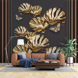 Tapet personalizat fine art cu frunze aurii de monstera pe un fundal negru brass monstera