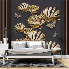Tapet personalizat fine art cu frunze aurii de monstera pe un fundal negru brass monstera