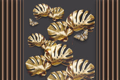 Tapet personalizat fine art cu frunze aurii de monstera pe un fundal negru brass monstera