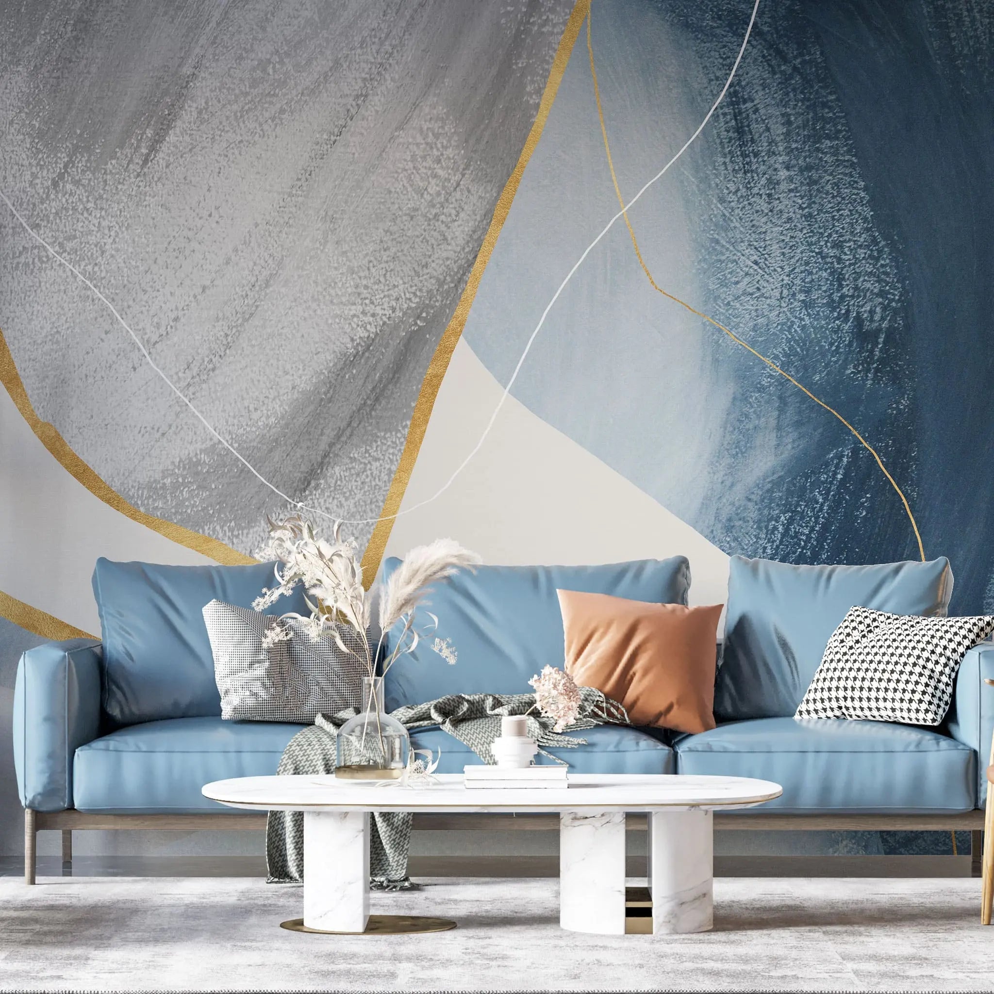 Tapet personalizat fine art cu pictura abstracta in nuante de albastru gri si detalii aurii blue dream