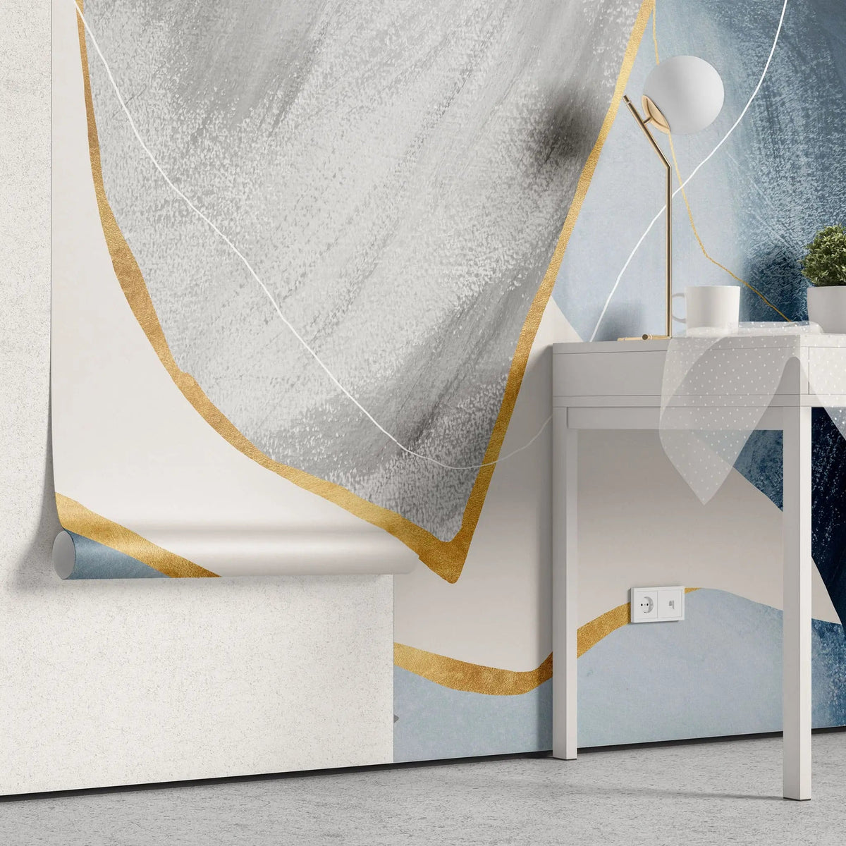 Tapet personalizat fine art cu pictura abstracta in nuante de albastru gri si detalii aurii blue dream