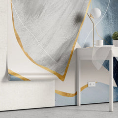 Tapet personalizat fine art cu pictura abstracta in nuante de albastru gri si detalii aurii blue dream