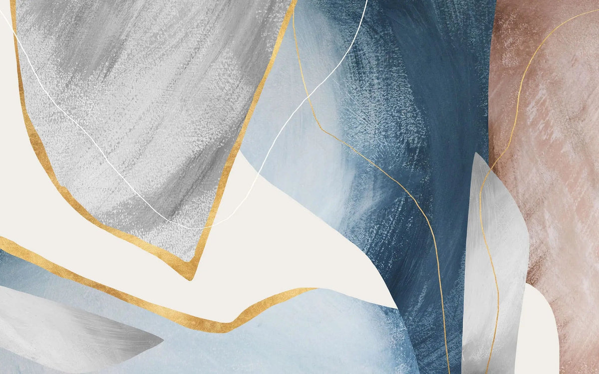 Tapet personalizat fine art cu pictura abstracta in nuante de albastru gri si detalii aurii blue dream