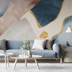 Tapet personalizat fine art cu pictura abstracta in nuante de albastru roz gri si detalii aurii pink dream