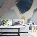 Tapet personalizat fine art cu pictura abstracta in nuante de albastru roz gri si detalii aurii pink dream