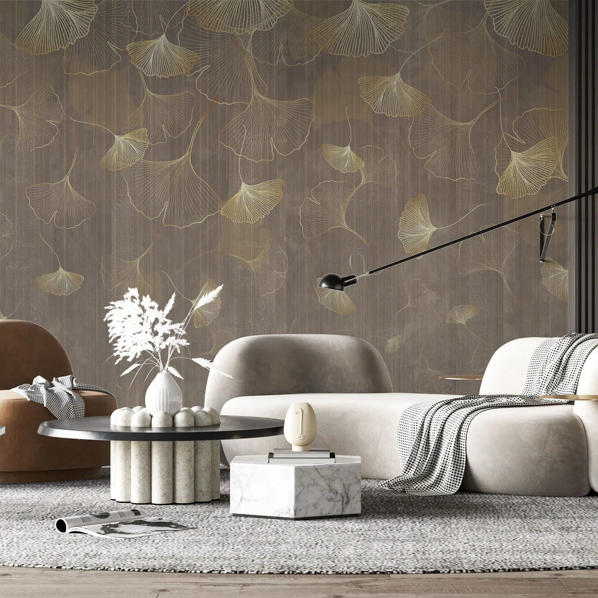 Tapet personalizat fine art cu frunze aurii de ginko biloba pe un fundal maro brown ginko biloba