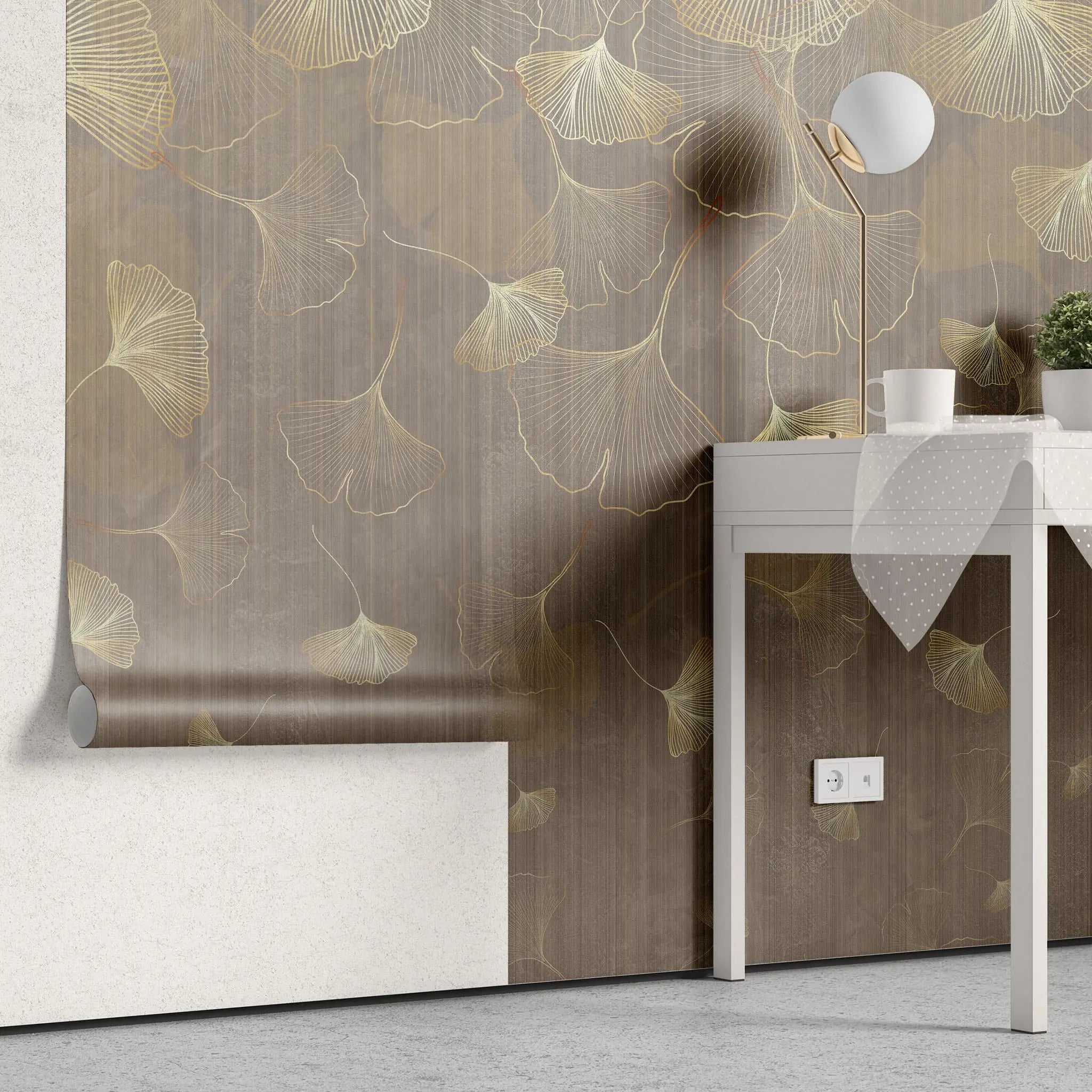 Tapet personalizat fine art cu frunze aurii de ginko biloba pe un fundal maro brown ginko biloba