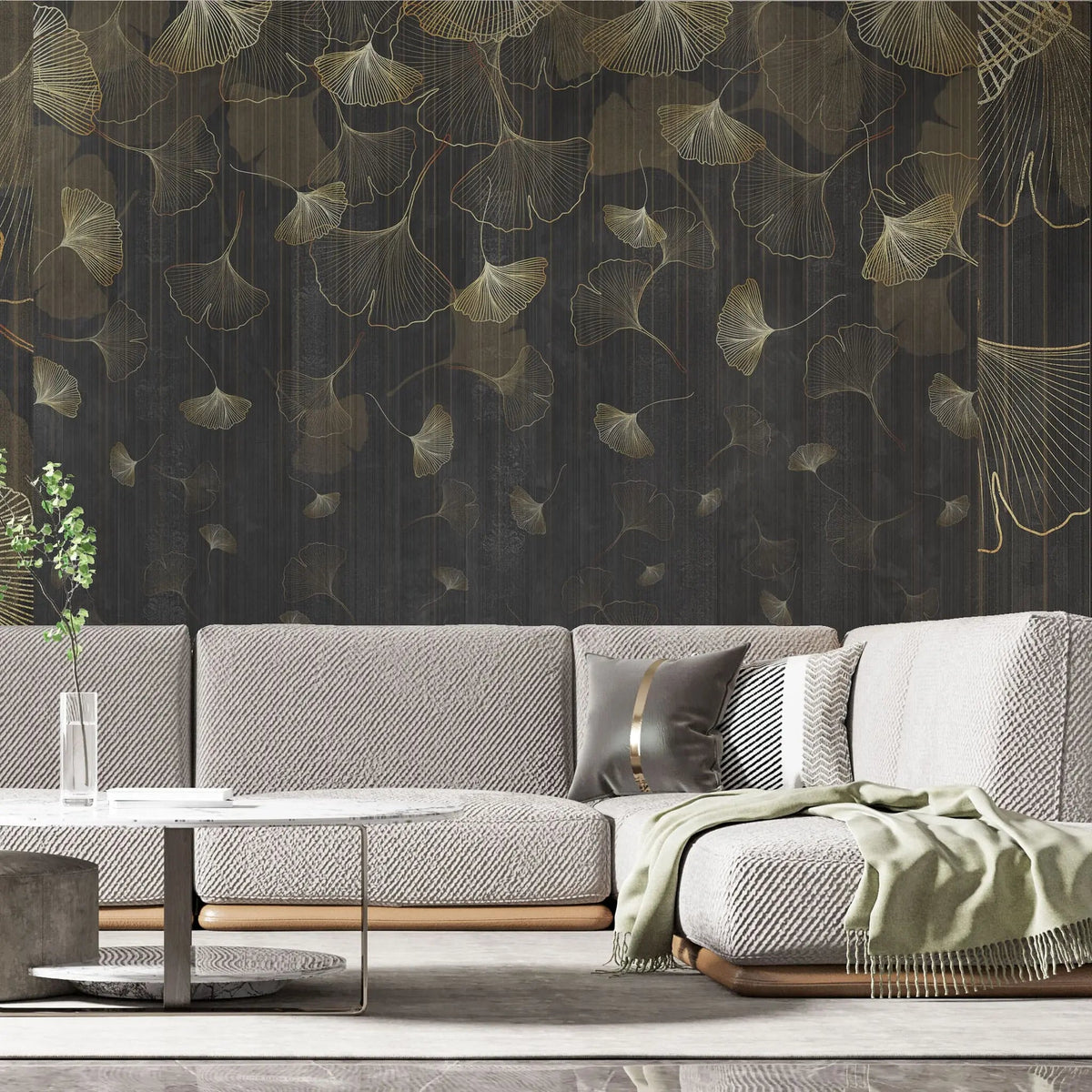 Tapet personalizat fine art cu frunze aurii de ginko biloba pe un fundal negru black ginko biloba