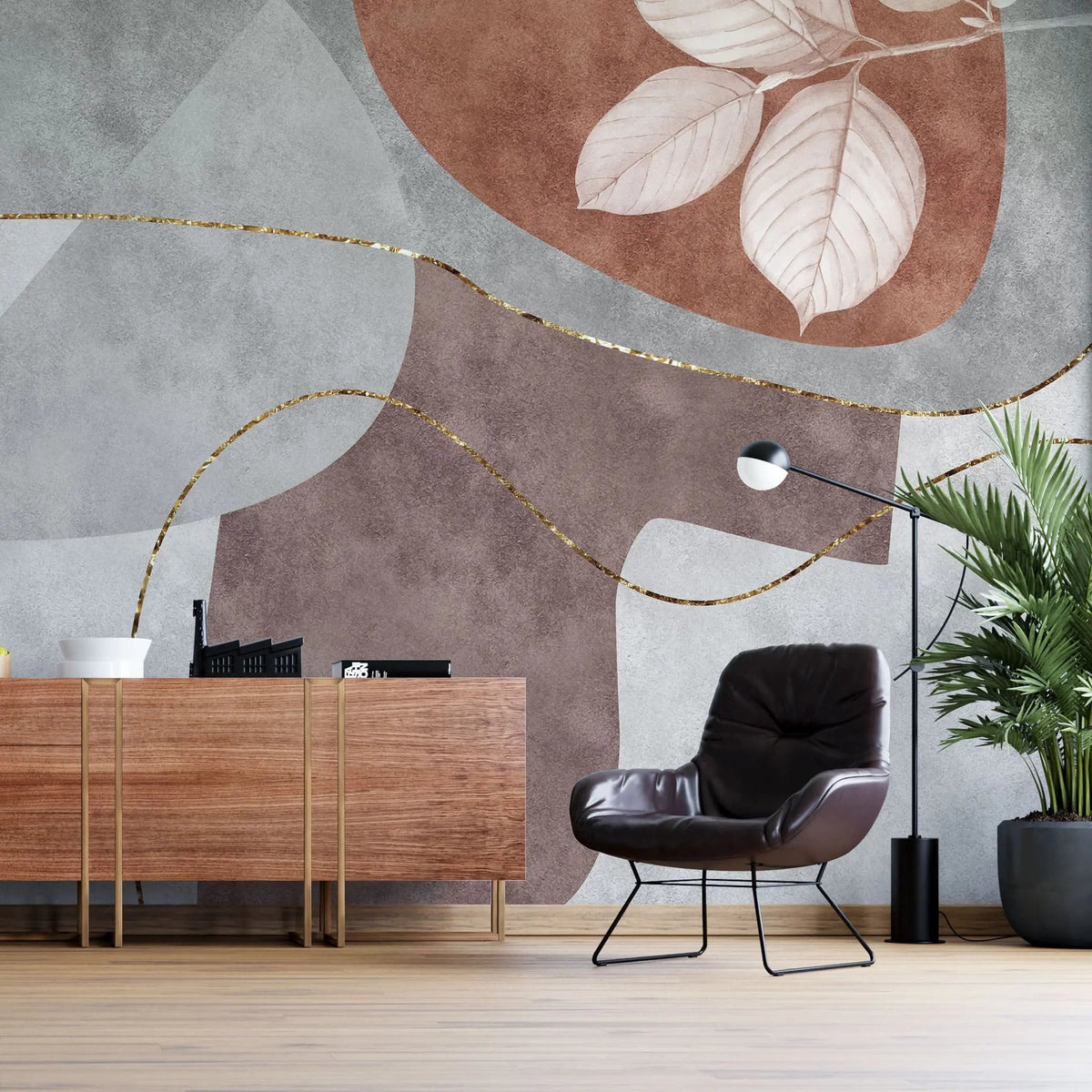Tapet personalizat fine art cu forme abstracte frunze si linii aurii scarlet leaf