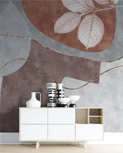 Tapet personalizat fine art cu forme abstracte frunze si linii aurii scarlet leaf