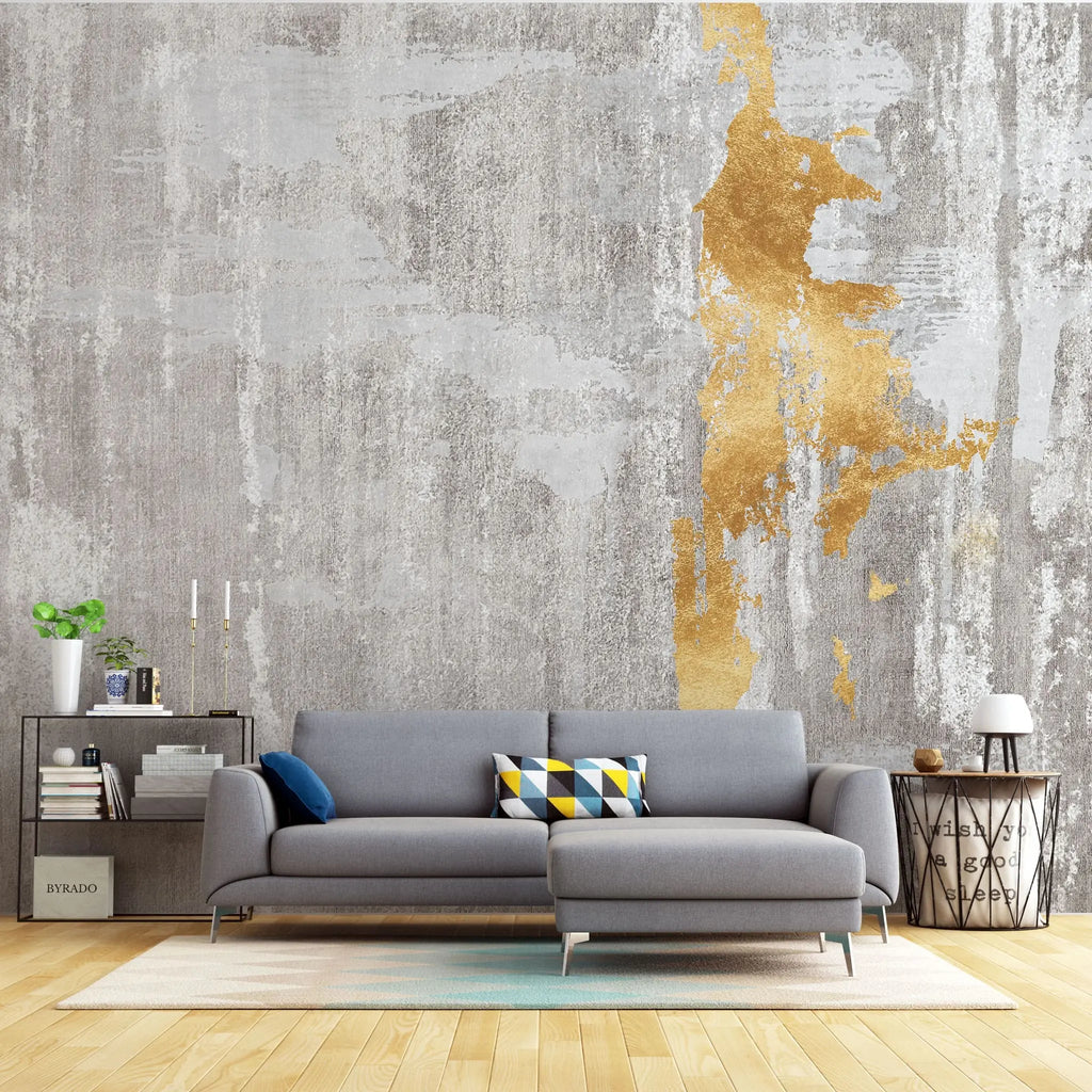 Tapet personalizat fine art cu perete gri beton si insertii aurii concrete golden foil