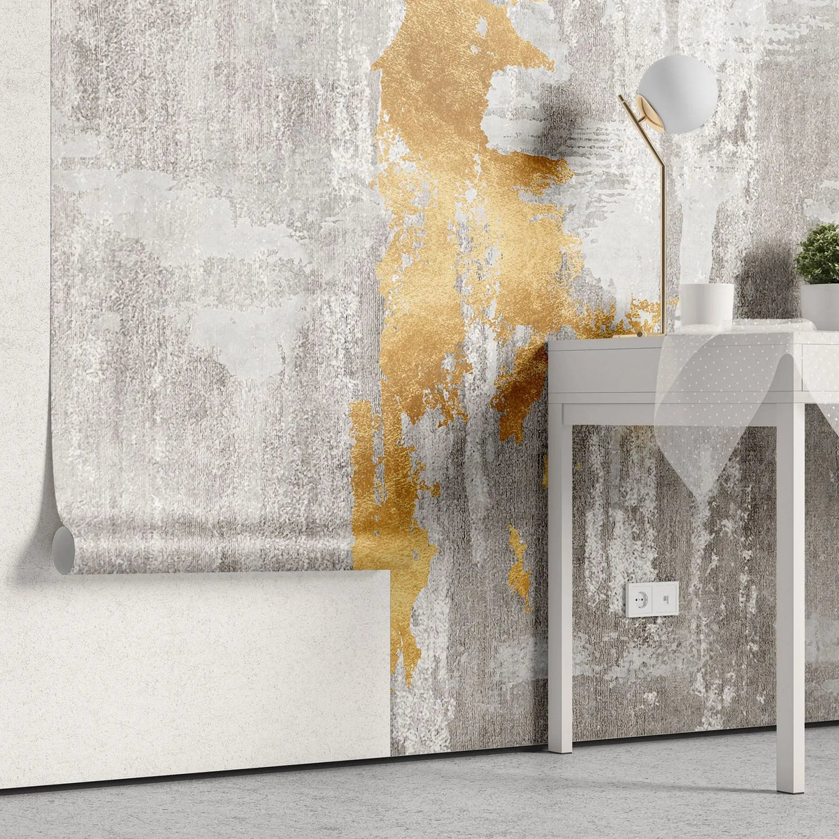 Tapet personalizat fine art cu perete gri beton si insertii aurii concrete golden foil