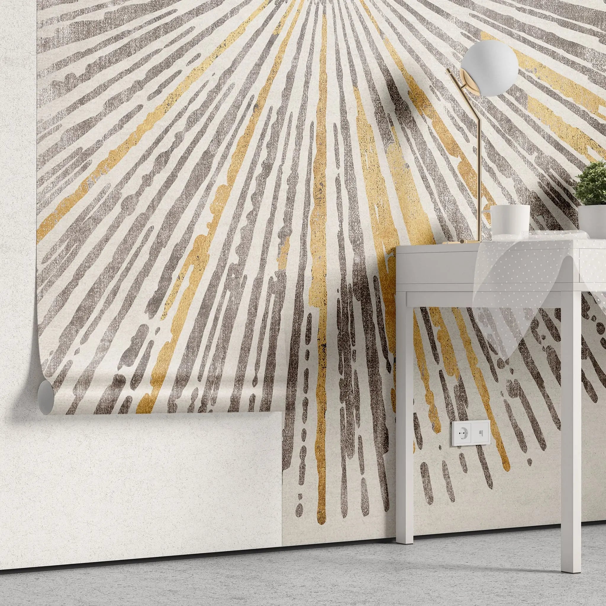 Tapet personalizat fine art cu dungi radiante argintii cu detalii aurii silver goddess