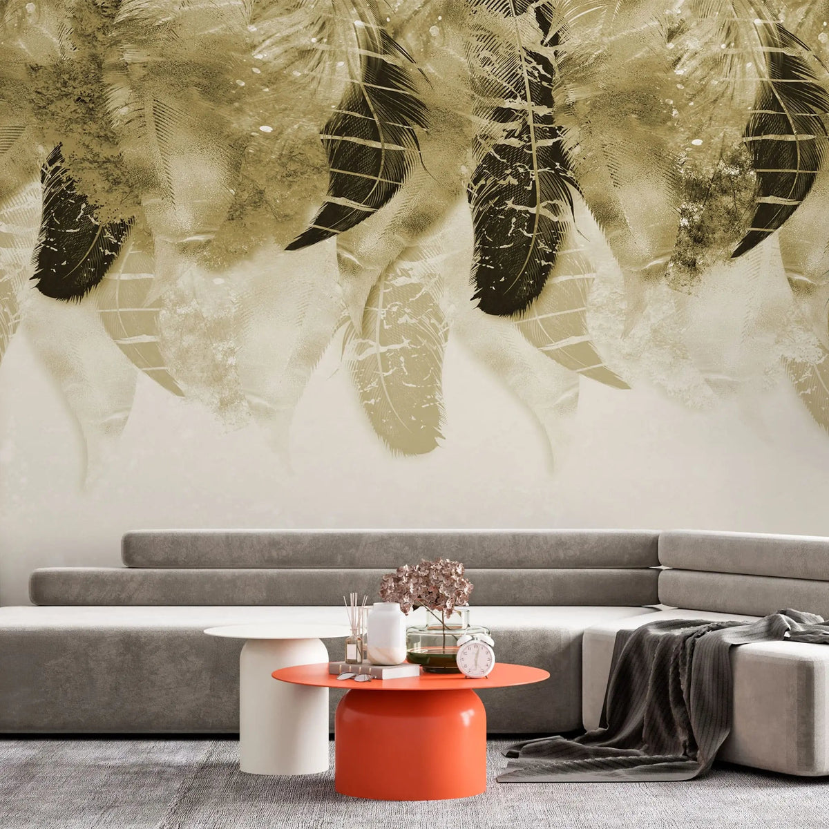 Tapet personalizat fine art cu pene aurii si negre elegante pe un fundal alb elite feathers