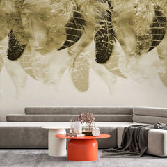 Tapet personalizat fine art cu pene aurii si negre elegante pe un fundal alb elite feathers