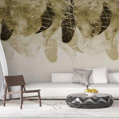 Tapet personalizat fine art cu pene aurii si negre elegante pe un fundal alb elite feathers