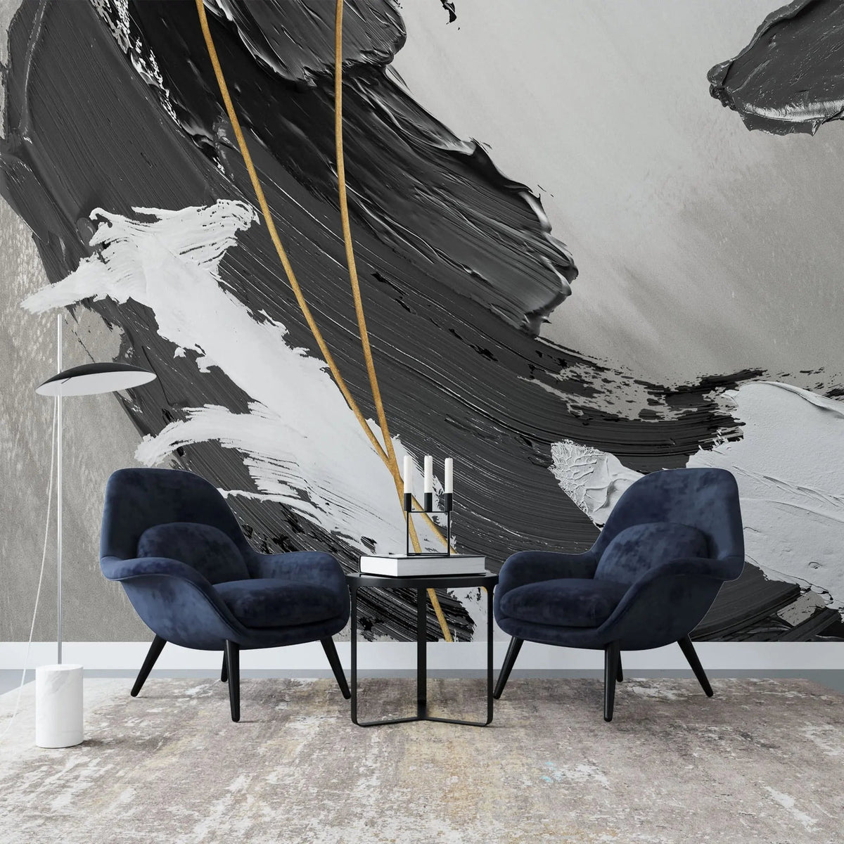 Tapet personalizat fine art cu vopsea acrilica neagra si dungi aurii black acrylic