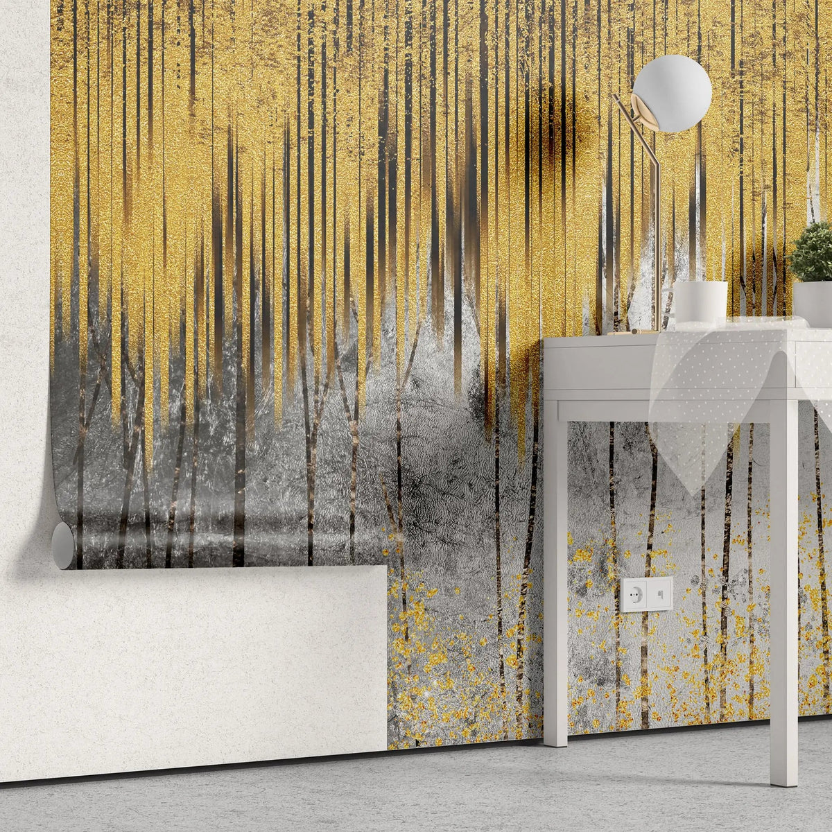 Tapet personalizat fine art cu dungi aurii si umbre negre golden curtains